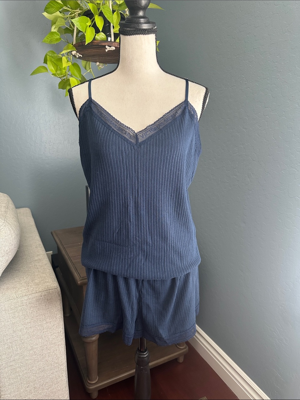 Victoria's Secret Navy Ribbed Lace-Trim Cami & Shorts Set